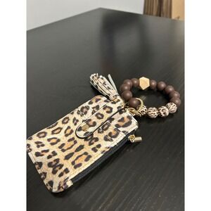 Leopard Print Card Holder Keychain Wristlet Tassel Zipper Pouch ID Holder